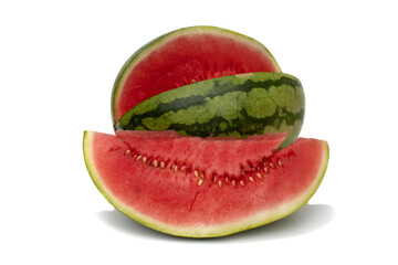 A watermelon and a slice, isolated on white background. It is originally from Africa with a great presence and diffusion throughout the world.