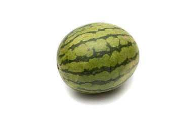 One whole watermelon, isolated on white background. It is originally from Africa with a great presence and diffusion throughout the world.