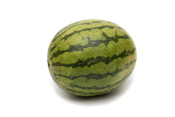 One whole watermelon, isolated on white background. It is originally from Africa with a great presence and diffusion throughout the world.