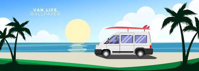 Van Life wallpaper. Red van with a surfboard on the road on the beach with sunset in the background. Camper van. Motorhome. Road trip.