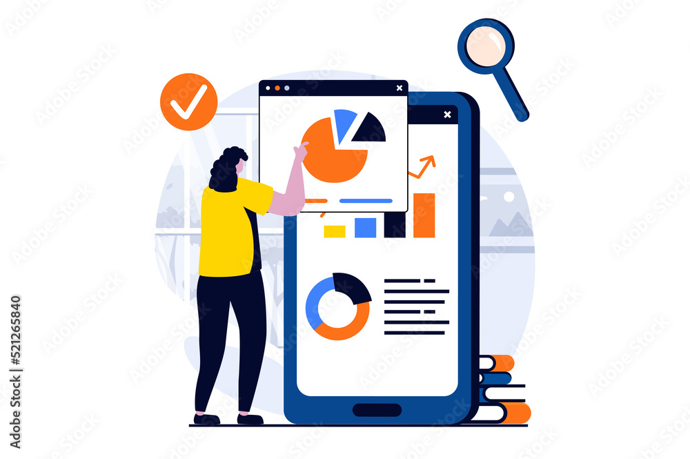 Aufkleber data science concept with people scene in flat cartoon design. woman analyzing diagrams with differe