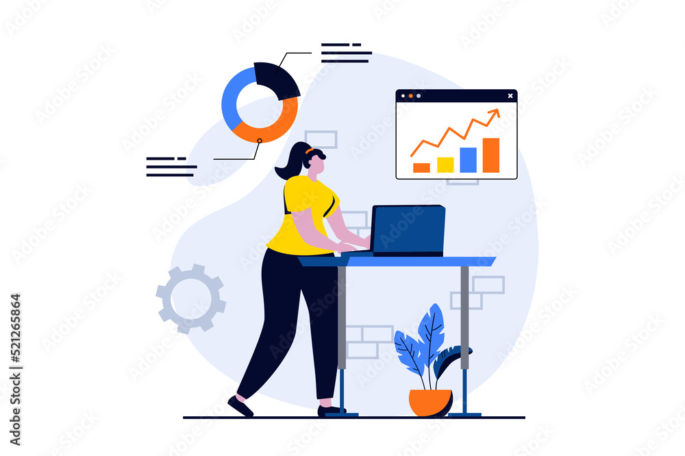 Poster data science concept with people scene in flat cartoon design. woman working with diagrams and chart