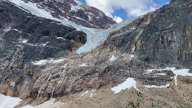 Angel Glacier and waterfalls at Mt. Edith Cavell in Jasper National Park