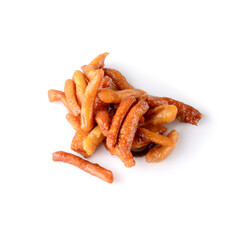 savory and crunchy snack coated with sugar syrup on white background, traditional and popular indian sweet murukku