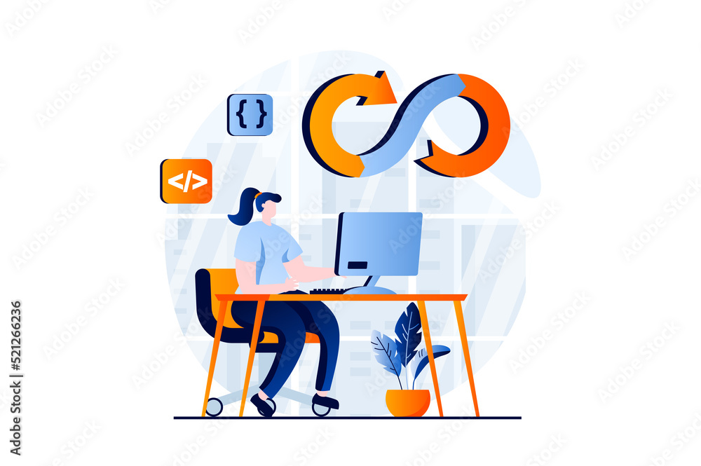 Aufkleber DevOps concept with people scene in flat cartoon design. Woman coding and creates programs while working in company with practice of development operations. Illustration visual story for web