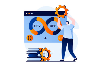 DevOps concept with people scene in flat cartoon design. Man optimizes software creating processes, implements practices of development operations in company. Illustration visual story for web