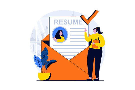 Employee hiring process concept with people scene in flat cartoon design. woman writes and sends online resume to company. Human resources and recruitment. Illustration visual story for web