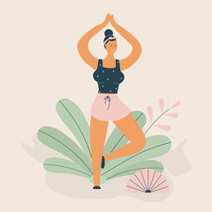 Body positivity cute young plump girl with more size-inclusive body do yoga in funky figures style.Plumpish lady in tree pose.Concept of evolving beauty standards and diversity.Raster illustration