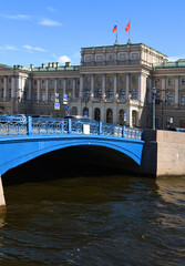 Blue Bridge, 97.3-metre-wide bridge that spans Moika River and located in front of Mariinsky Palace at Saint Isaac Square in Saint Petersburg