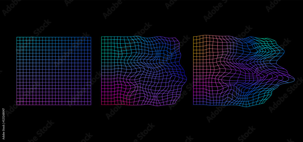 Aufkleber Set of distorted grid backgrounds in vaporwave or 90s style with colorful gradient. Wave bent graphic grid for music cover design.