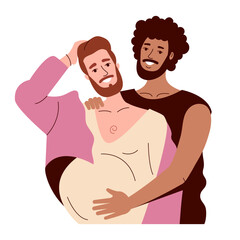 two gay men of different races hug. the dark guy smiles. Pregnant transgender queer man, pink hair - obrazy, fototapety, plakaty