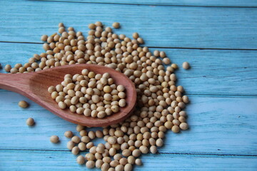 Soybeans (Glycine max) in a wooden spoon, isolated, on wooden table, protein concept.