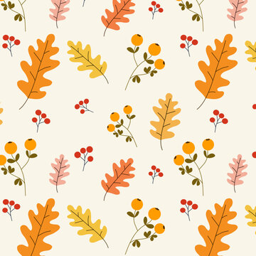 Autumn decorative seamless pattern with acorns and seasonal elements, plants, leaves. Seamless pattern for decoration, fabric, diary. Vector illustration