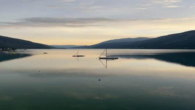 Aerial shot of boats in Achen lake during sunset