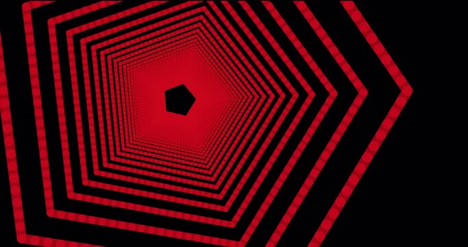 Lots of red pentagons, the camera pans in. Alpha channel, transparent background. Concept of 3d abstractions, tunnel, inward movement, infinity, dimension of space.