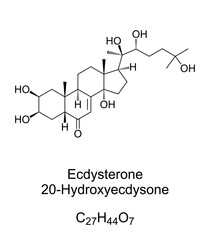 Ecdysterone, chemical formula and structure. 20-Hydroxyecdysone, 20E, one of the most common molting hormones in insects. Used in bodybuilding as steroid hormone to enhance the physical performance.
