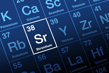 Strontium on periodic table of the elements. Alkaline earth metal and chemical element with atomic number 38 and symbol Sr, named after the Scottish village Strontian. Used as red color for fireworks.