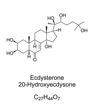 Ecdysterone, chemical formula and structure. 20-Hydroxyecdysone, 20E, one of the most common molting hormones in insects. Used in bodybuilding as steroid hormone to enhance the physical performance.