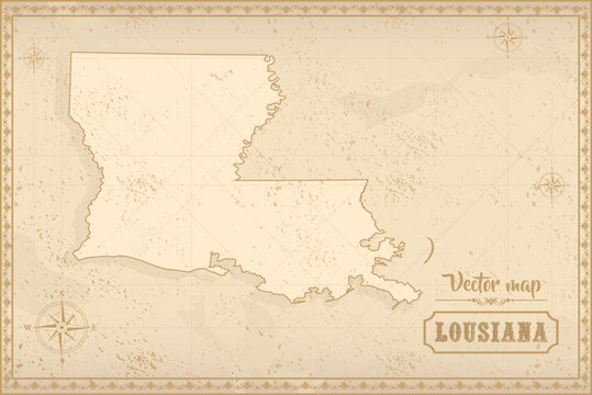 Map of Louisiana in the old style, brown graphics in retro fantasy style