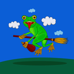 cute character, frog is riding a broomstick, suitable for children's books, clothes, icons, and etc..