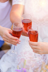 Three girls clink glasses of sparkling wine at a picnic