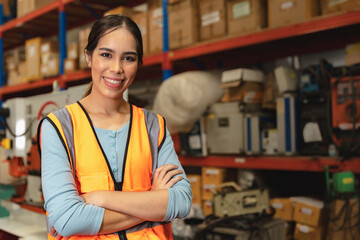 Portrait smart woman worker Asian girl teen work in warehouse factory inventory manager confident...