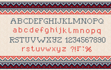 Christmas Ugly sweater Font: Scandinavian style knitted letters and pattern