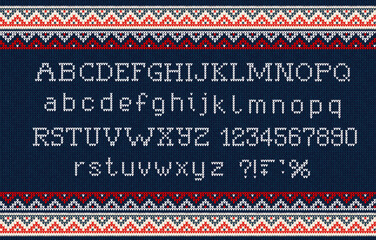 Christmas Ugly sweater Font: Scandinavian style knitted letters and pattern