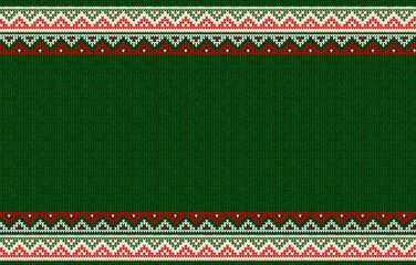 Ugly sweater Christmas party invite. Knitted background pattern scandinavian ornaments.