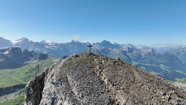 Aerial view of a cross on mountain top, Chaiserstock, Switzerland.