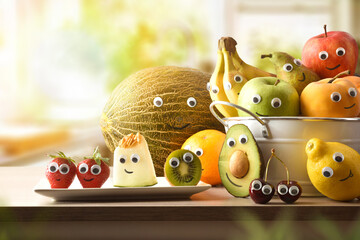 Group of fruits with eyes and mouths on kitchen bench