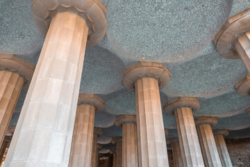 Columns and ceiling in Park Guell designed with details and precision
