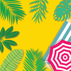 Fototapeta na wymiar Vector banner with copy space with summer vacation travel concept. Green palm leaves umbrella beach blanket on yellow background