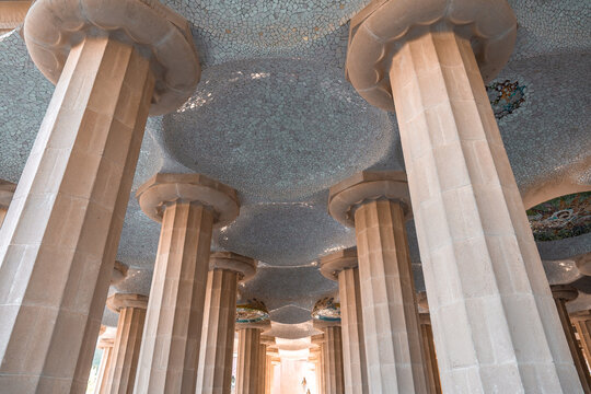 Columns and ceiling in Park Guell designed with details and precision