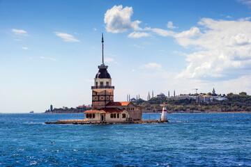 Bosphorus with famous Maiden Tower Kiz Kulesi in Istanbul in sunny day