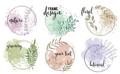 Colorful frames with vector plants and grasses. With leaves and organic shapes. Space for your own design. Minimalist style of hand drawn plants.