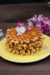 Pile of golden homemade waffles on a saucer, vertical photo