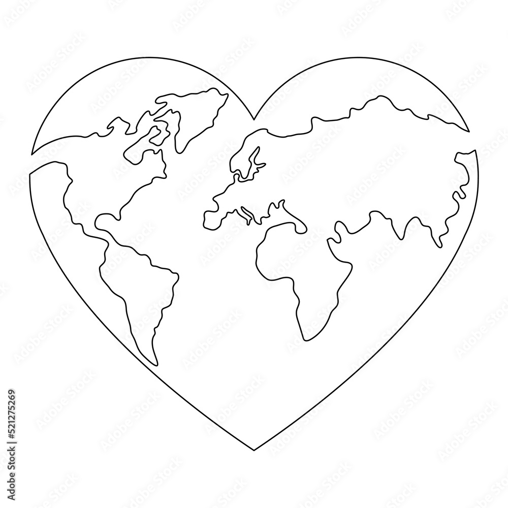 Wall mural Earth globe continuous line drawing of the heart shape. Love world map one line art. Vector illustration isolated on white.