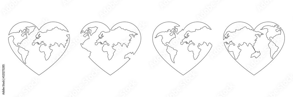 Poster world map continuous line drawing of the heart shape set. love earth globe one line art collection. 