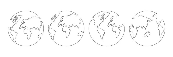 World map one line art set. Continuous Earth doodle line drawing collection. Earth globe hand drawn symbol group. Vector illustration isolated on white background.