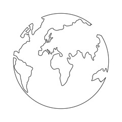 Earth continuous one line art. World map doodle line drawing. Earth globe hand drawn symbol. Vector illustration isolated on white background.