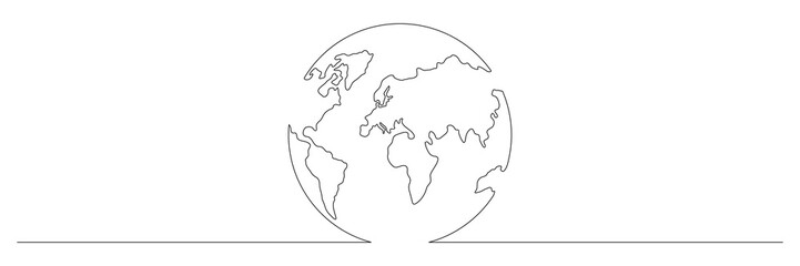 Earth globe one line art. Continuous World map doodle line drawing. Earth map hand drawn symbol. Vector illustration isolated on white background.
