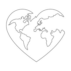 Earth globe continuous line drawing of the heart shape. Love world map one line art. Vector illustration isolated on white.