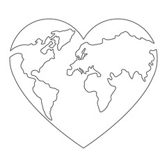 Earth globe continuous line drawing of the heart shape. Love world map one line art. Vector illustration isolated on white.