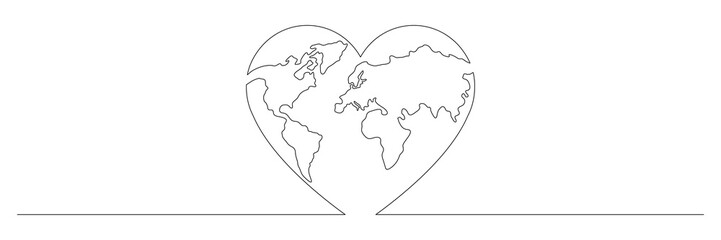 Earth globe continuous line drawing of the heart shape. Love world map one line art. Vector illustration isolated on white.