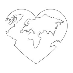 Earth globe continuous line drawing of the heart shape. Love world map one line art. Vector illustration isolated on white.