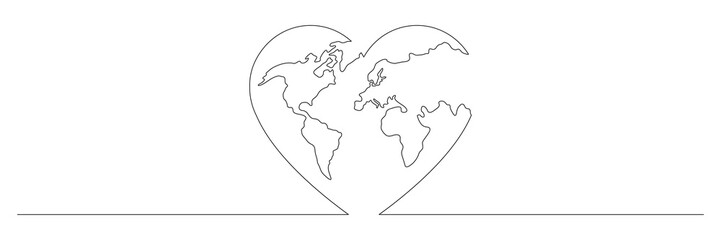 Earth globe continuous line drawing of the heart shape. Love world map one line art. Vector illustration isolated on white.