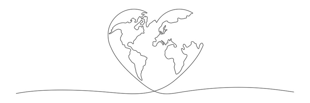 Earth globe continuous line drawing of the heart shape. Love world map one line art. Vector illustration isolated on white.