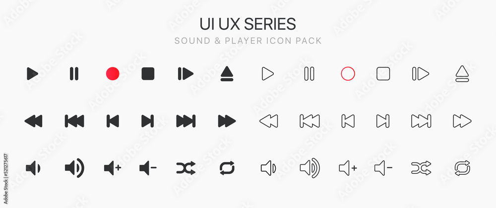 Poster media player icon set. multimedia music audio control. media player interface symbols. play, pause, 