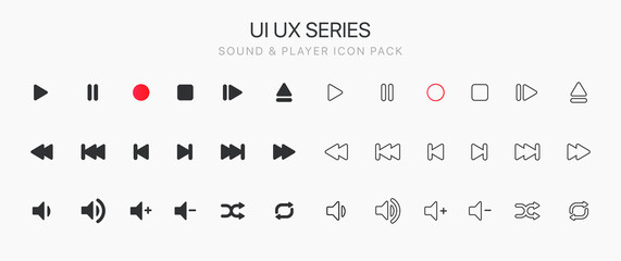 Media player icon set. Multimedia music audio control. Media player interface symbols. Play, pause, skip, stop icons for mobile app, website, UI, operation system.